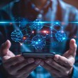 © Amir - Hands holding a smartphone with a floating digital network above, symbolizing global connectivity, communication, and modern technology.