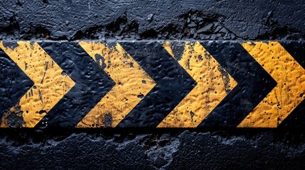 Wall Mural - Black and yellow arrow markings on a rustic surface in an industrial area