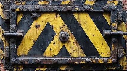 Close-up of a weathered yellow and black warning sign on a brick wall, showcasing industrial textures and details