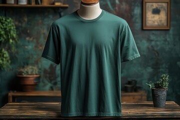 sleek dark green tshirt on invisible mannequin front and back views minimalist studio setting