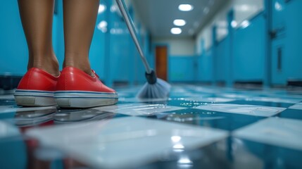 A person sweeping a brightly colored hallway with blue walls and shiny tiles during the day