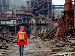 A woman in a red jacket and yellow backpack walks through a desolate industrial area. The scene is bleak and abandoned, with rusted metal structures and debris scattered around. The woman is alone