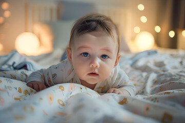 Wall Mural - a cute healthy little baby is lying on a bed on white bedding at home in a blue bodysuit. The kid looks at the camera, smiles