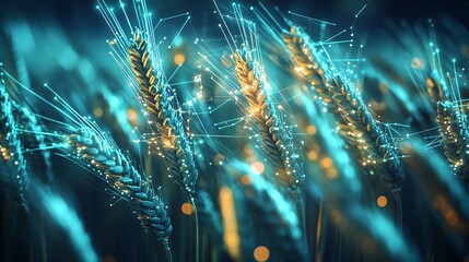 An artistic depiction of neon wheat illuminated by glowing circuitry and digital growth. The tech lines and connected points highlight the advanced nature of futuristic agriculture. The bio-enhanced