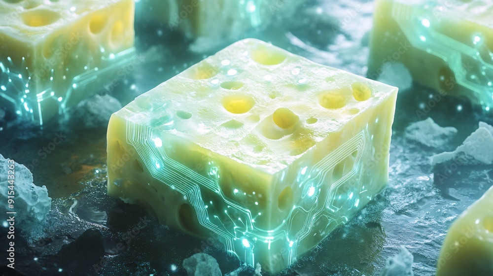 A detailed view of tech cheese featuring glowing nodes and digital ...