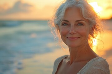 sundrenched beach scene with joyful senior woman golden light illuminates her radiant smile as she walks along the shoreline exuding vitality and contentment in her mature years