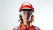 © CStock - Female worker in a uniform with a helmet and goggles posing on white background