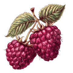 Poster - Two ripe raspberries with leaves on a white background.