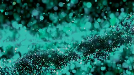 Abstract teal green bokeh background with out of focus sparkling lights.
