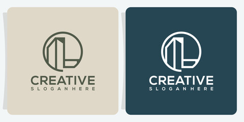 collection of L logo designs with skyscrapers