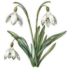 Wall Mural - Illustration of three white snowdrop flowers with green leaves.