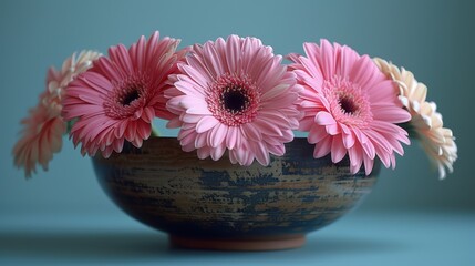 Wall Mural - Delicate pink gerbera daisies arranged in a rustic bowl on a soft blue background