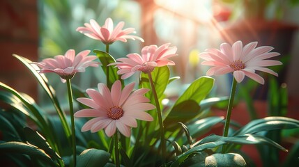 Wall Mural - Pink daisies bloom in a sunlit greenhouse during spring, showcasing vibrant petals and lush green leaves