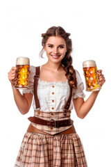 A young Oktoberfest waitress dressed in traditional Bavarian clothing serves two large mugs of beer.