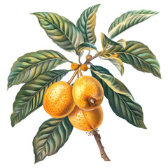 Wall Mural - Three yellow fruits with green leaves on a branch.