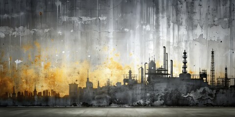 Wall Mural - Abstract dark gray and black cement wall texture with smeared engine oil-effect, contrasted with a light gradient white background, featuring an industrial, urban aesthetic.