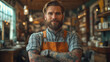 © feeling lucky - Confident barber stands with crossed arms in a stylish barbershop, showcasing his unique style and vibrant tattoos.