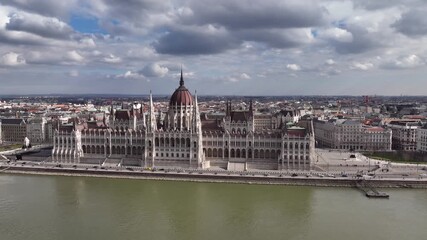 Sticker - Beautiful Drone Footage of Hungary Parliament in Budapest. Danube River in Background.