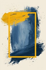 Abstract blue and yellow brush strokes with rectangular frame on canvas