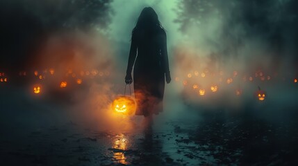 A mysterious figure walks through a foggy forest carrying a glowing jack-o'-lantern at night