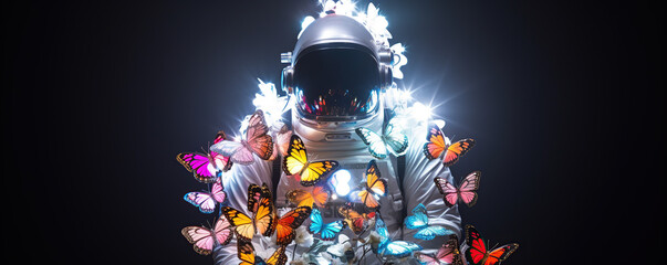 An astronaut explores a vibrant realm filled with colorful butterflies