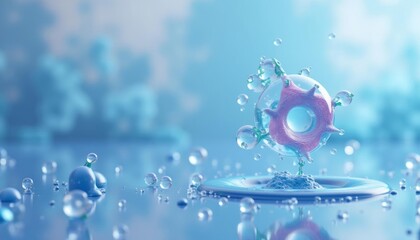 Sticker -  Ethereal underwater scene with bubbles and a pink and blue sphere