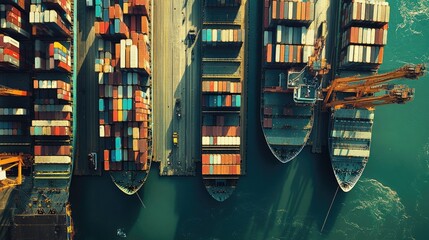 A busy port with multiple cargo ships docked, loading and unloading containers, showcasing the hustle and bustle of global trade.