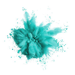 Abstract teal blue explosion of color paint splatter on black background.