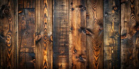 Wall Mural - Aged, distressed dark wood texture with natural pattern and prominent grain, suggesting a vintage, retro aesthetic with a mix of oak and walnut wooden planks.