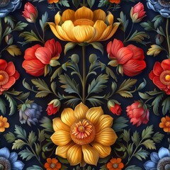 Wall Mural - Floral Pattern with Yellow and Red Flowers