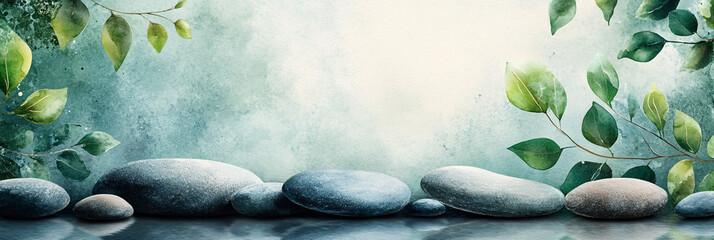 Wall Mural - Serene Spa Design Banner with Watercolor Stones and Green Leaves Copy Space Background