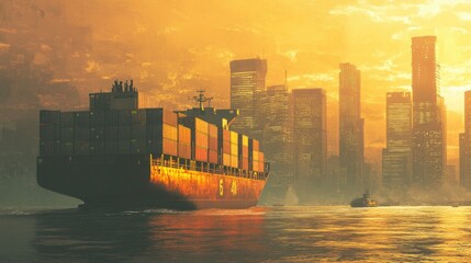 A container ship with a backdrop of a bustling city skyline, symbolizing the connection between sea transport and urban commerce.