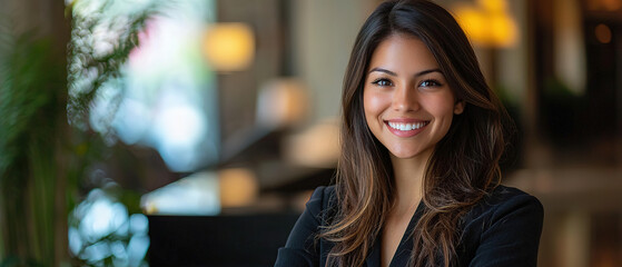 Portrait of smiling woman receptionist at desk in lobby