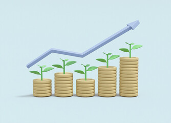 Sticker - 3D rendered illustration features a sprout growing on a stack of coins, with an upward arrow pointing to financial growth.