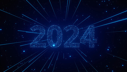 A glowing digital display shows the year 2024, surrounded by vibrant light particles against a starry backdrop.