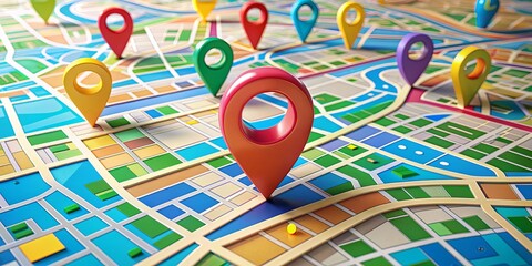 A stylized abstract city map with a single marker pin, showcasing vibrant colors and geometric shapes, perfect for travel or urban planning visuals.