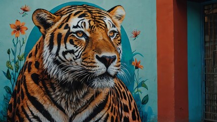 Wall Mural - a tiger with orange and black stripes, looking directly at the viewer. there are orange flowers and 