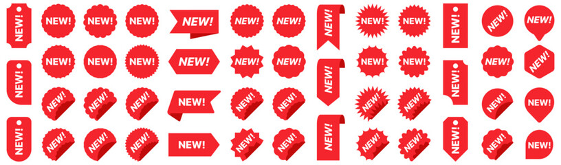 Poster - New labels collection in red. New banner and ribbon isolated on white background. New tag collection