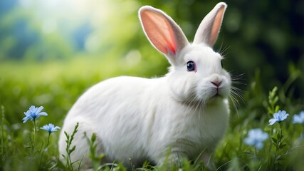 a beautiful fully white blue eye rabbit on lush green field