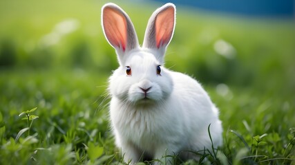 A beautiful fully white blue eye rabbit on lush green field