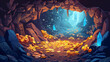 © EEKONG - Flat cartoon-style illustration of a treasure cave filled with piles of gold coins, glittering jewels, and ancient artifacts, with ample copy space