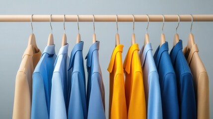 A stylish collection of colorful shirts hanging on a rack, showcasing vibrant hues perfect for casual or formal settings.