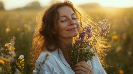 Wall Mural - A woman smiles while holding lavender flowers in a sunlit meadow during the golden hour