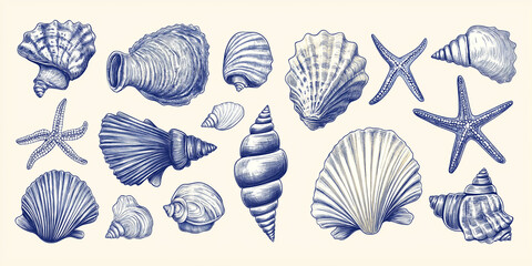 Collection of various seashells drawn in blue ink showing their texture