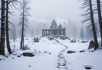 A foggy landscape with a mountain in the background