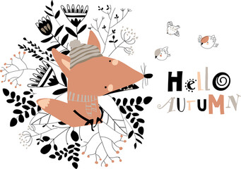 Wall Mural - Cartoon little fox with autumn plants and flowers. Vector illustration