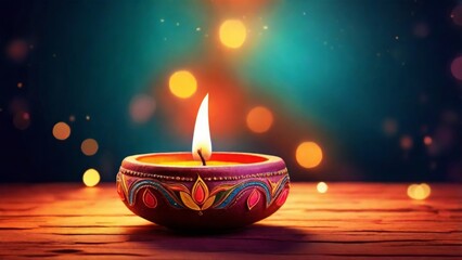 Decorative diya candles surrounded by flowers in festive setting, Diwali Oil diya lamps with burning flames surrounded by flower petals, background
