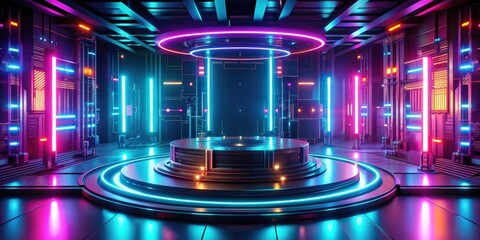 Fototapete - Cybernetic base glowing in neon hues , technology, futuristic, digital, cyber, neon lights, artificial intelligence, sci-fi