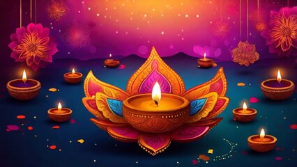 Decorative diya candles surrounded by flowers in festive setting, Diwali Oil diya lamps with burning flames surrounded by flower petals, background
