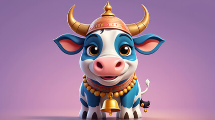 A 3D cute cartoon style Indian cow with a bell around its neck, big eyes, and a content smile, set against a simple background